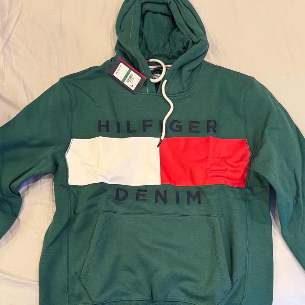 Tommy Hilfiger Men's Green Hoodie with Red and White Accents